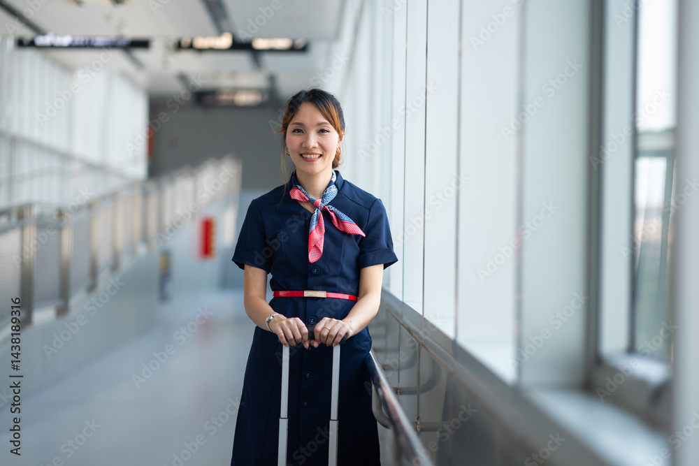Portrait female Cabin crew or air hostess in airport. Cabin crew, air hostess working in airplane. Service mind. Asian stewardess with suitcase at modern airport terminal. flight attendant