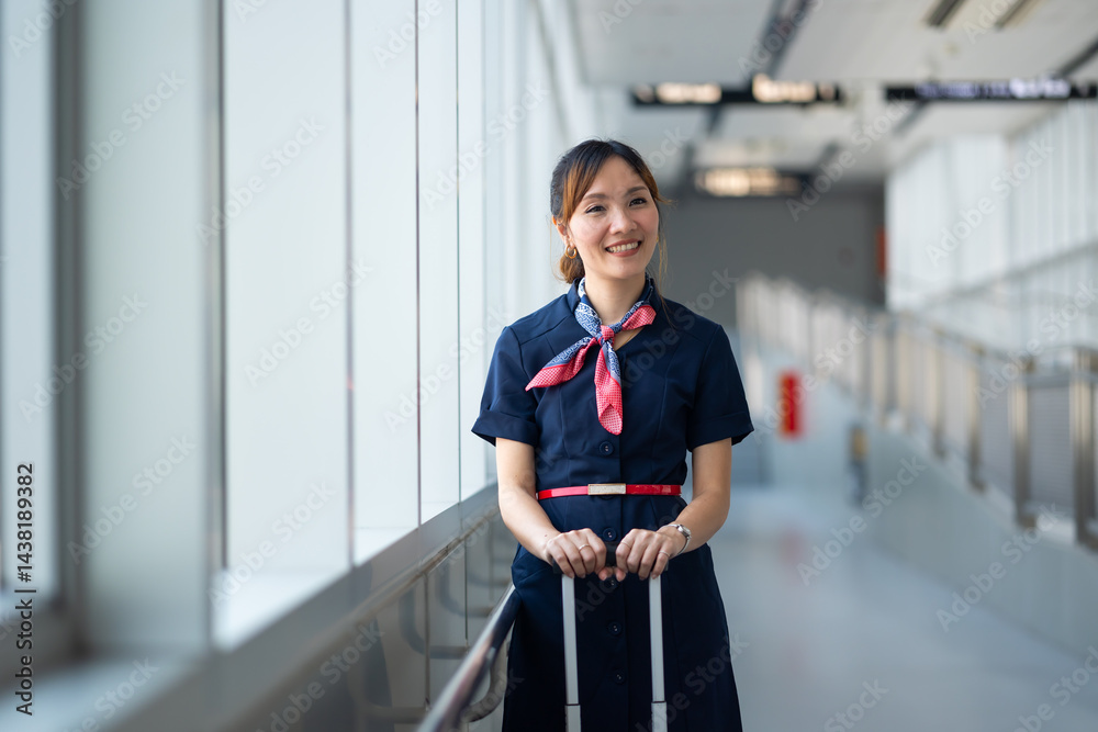 Portrait female Cabin crew or air hostess in airport. Cabin crew, air hostess working in airplane. Service mind. Asian stewardess with suitcase at modern airport terminal. flight attendant