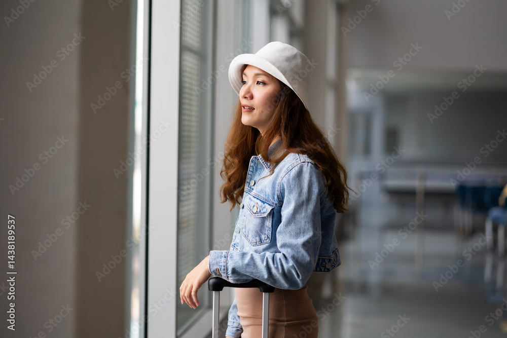 Portrait Happy Asian Female traveler passenger with luggage. Happy Asian beautiful woman passenger traveler waiting for departure with suitcase at modern airport terminal