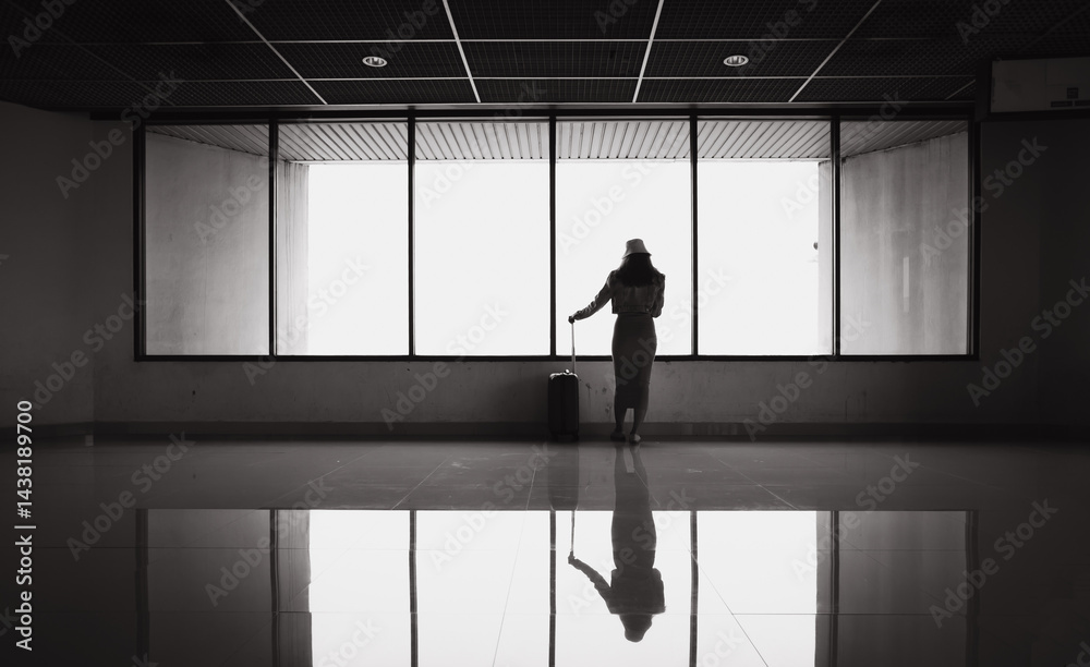 silhouette of passenger in airport terminal window. Portrait Happy Female traveler passenger with luggage. Happy Asian beautiful woman passenger traveler waiting for departure with suitcase