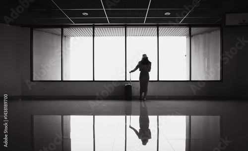 Obraz na płótnie silhouette of passenger in airport terminal window. Portrait Happy Female traveler passenger with luggage. Happy Asian beautiful woman passenger traveler waiting for departure with suitcase w salonie
