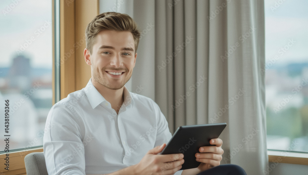 A young man with short, styled hair smiles confidently while holding a tablet and sitting near a window with a city view. A young man with short, styled hair smiles confidently while holding a tablet and sitting near a window with a city view.