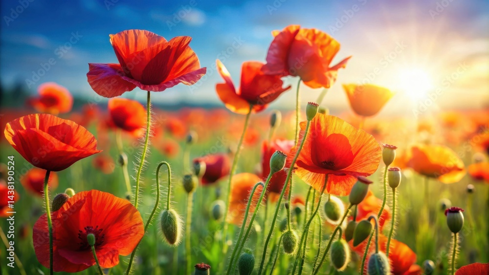 A Field of Poppies Bathed in Golden Sunlight, Their Delicate Petals Unfurling in a Symphony of Red and Orange Hues A Field of Poppies Bathed in Golden Sunlight, Their Delicate Petals Unfurling in a Symphony of Red and Orange Hues
