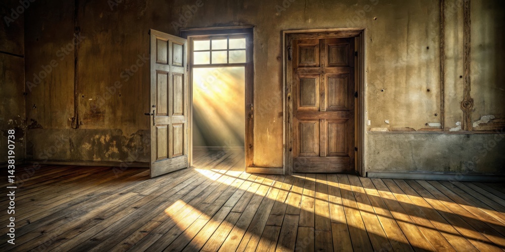 A ray of light shines through an open doorway in a room with peeling paint and worn wooden floors A ray of light shines through an open doorway in a room with peeling paint and worn wooden floors