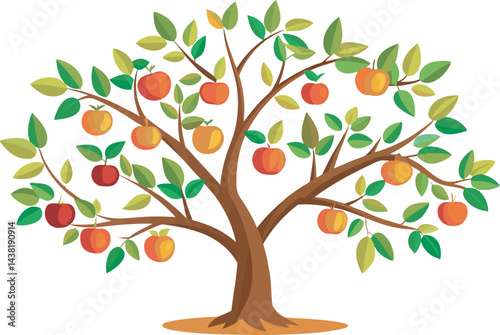 A vibrant vector art illustration depicting a lush, pruned fruit tree with colorful, ripe fruits and neatly trimmed green foliage.