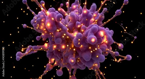 Soft, glowing particles in various shades of violet and gold, forming a complex, dreamlike structure against a black background; otherworldly, intricate design.