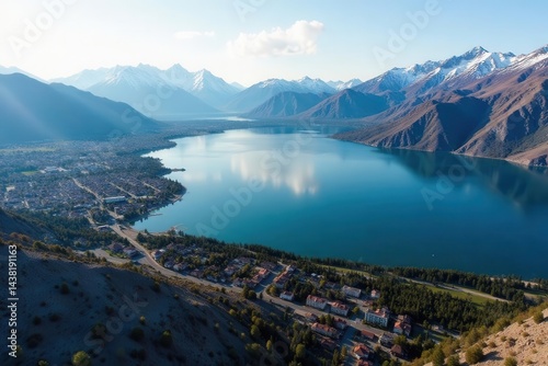 Aerial shot of Salt Lake City, Great Salt Lake visible, nature, temple square, salt flats