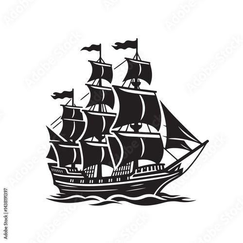 Pirate Ship with Sails Black Silhouette