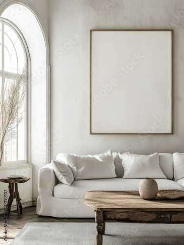Minimalist living room with a large white canvas hung on the wall, overlooking a couch and white walls.