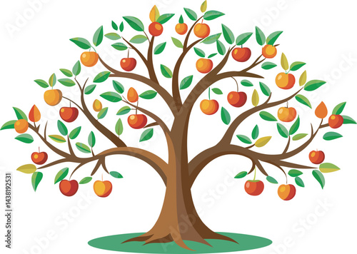 A vibrant vector art illustration depicting a lush, pruned fruit tree with colorful, ripe fruits and neatly trimmed green foliage.