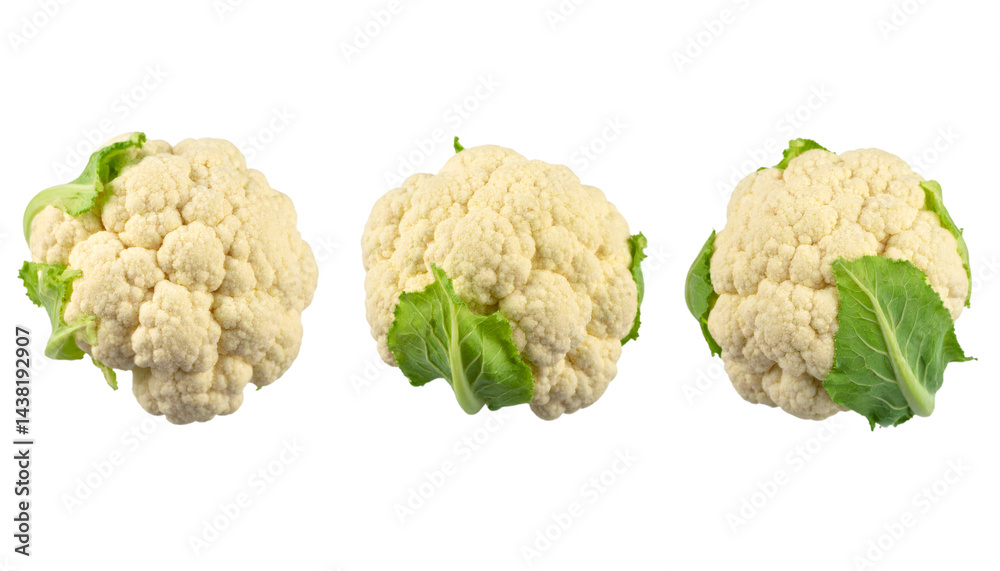 Three fresh cauliflowers rotating on a transparent background, perfect for healthy food and dietary concepts Three fresh cauliflowers rotating on a transparent background, perfect for healthy food and dietary concepts