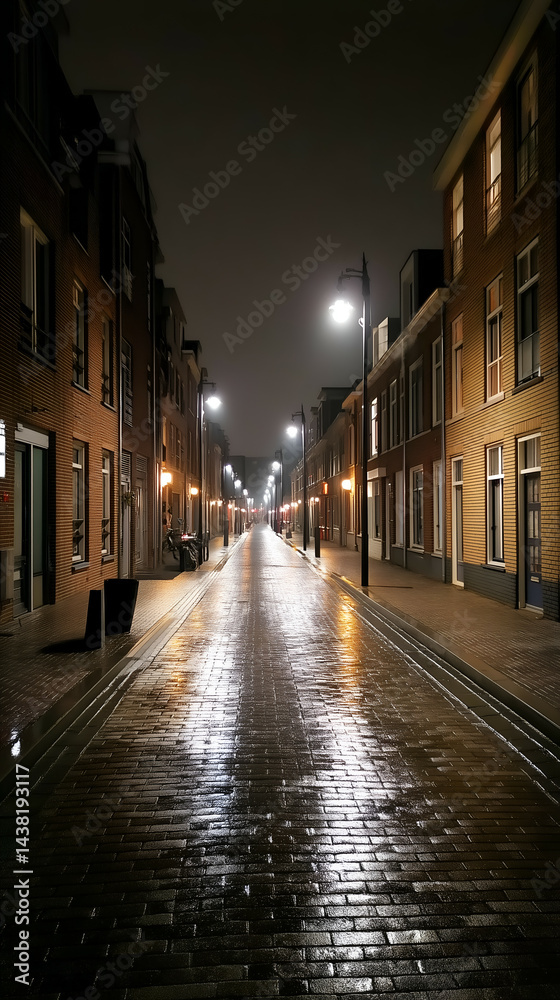Fototapeta premium Tranquil Night Photography: Urban Scene with Warm Light and Atmospheric Reflections on a Wet Pavement in a Quiet Neighborhood