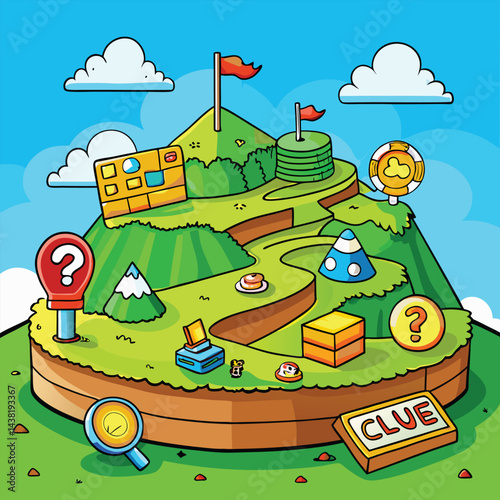 Colorful game island with clues and challenges
