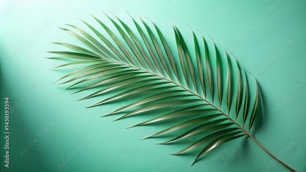 Obraz premium A single palm frond on a vibrant green background, showcasing the intricate beauty of nature's design.