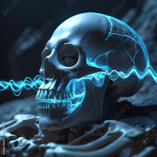Futuristic Digital Skull with Electric Energy Waves