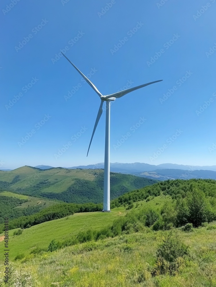 A clear day showcases a wind farm standing majestically against the backdrop of rolling hills and a vibrant blue sky. A clear day showcases a wind farm standing majestically against the backdrop of rolling hills and a vibrant blue sky.