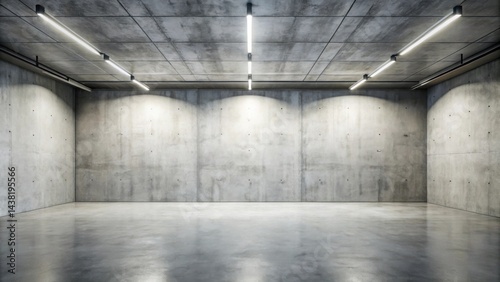 A Minimalistic Empty Space with Concrete Walls and a Ceiling Illuminated by Recessed Fluorescent Lights