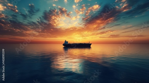 Majestic Sunset over the Ocean with a Cargo Ship