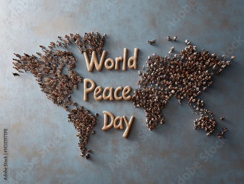 Crowd of people forming world map for world peace day