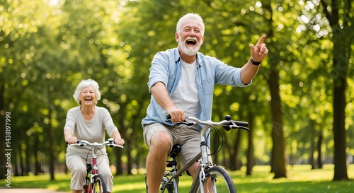 Feliz pareja de ancianos montando en bicicleta en el parque de verano photo