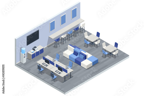 Modern coworking office interior with workstations, meeting tables, and lounge area. Isometric vector illustration.