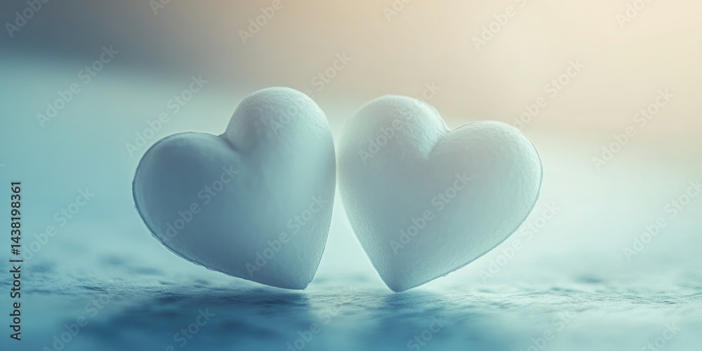 This image presents a visually captivating scene of two hearts covered in frost, appearing as if they are floating on a frozen water surface. The cool tones and soft lighting evoke a sense of serene This image presents a visually captivating scene of two hearts covered in frost, appearing as if they are floating on a frozen water surface. The cool tones and soft lighting evoke a sense of serene
