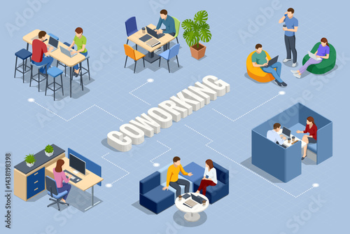 Coworking network concept with various teams working in modern office spaces. Isometric vector illustration.