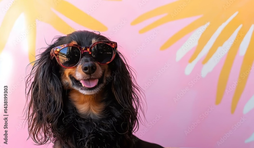 Photo of a dachshund wearing sunglasses, sitting in an inflatable ring