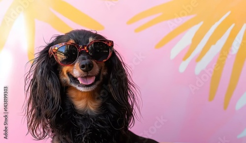 Obraz na płótnie Photo of a dachshund wearing sunglasses, sitting in an inflatable ring w salonie