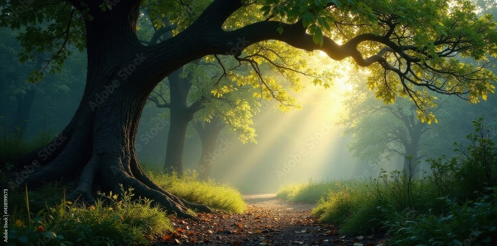 Fototapeta premium Sun-dappled gloom, gnarled branches reach for fading light , yellow, magical