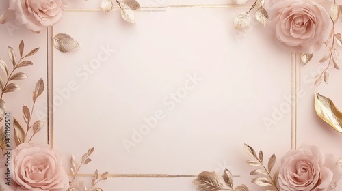 Elegant floral frame with roses and leaves on a soft background.