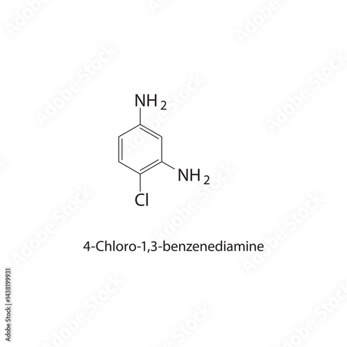 4-Chloro-1,3-benzenediamine skeletal structure. Aromatic Diamine compound schematic illustration. Simple diagram, chemical formula.