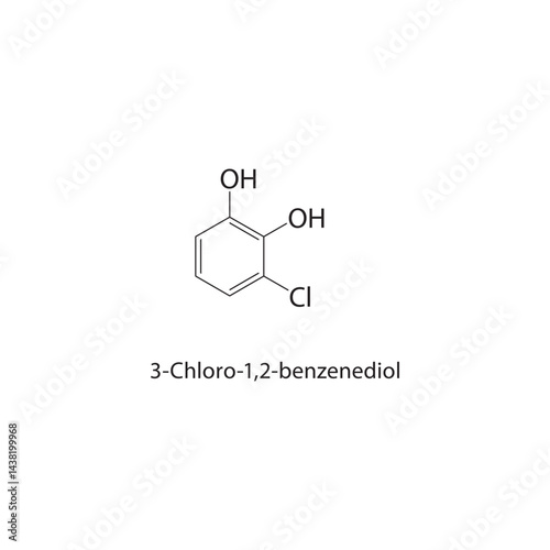 3-Chloro-1,2-benzenediol skeletal structure. Aromatic Diol compound schematic illustration. Simple diagram, chemical formula.