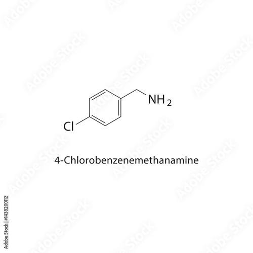 4-Chlorobenzenemethanamine skeletal structure. Aromatic Amine compound schematic illustration. Simple diagram, chemical formula.