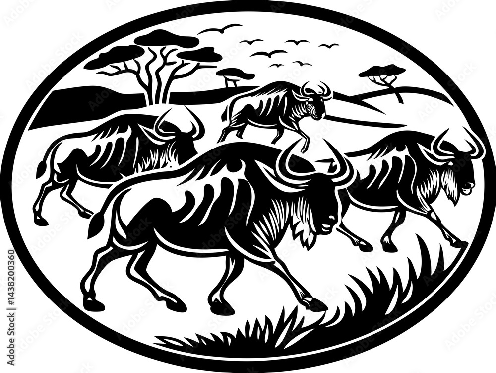 Fototapeta premium Charging herd of wildebeests crossing a dusty plain, dynamic motion captured with sharp vector shapes, bold and rugged color scheme
