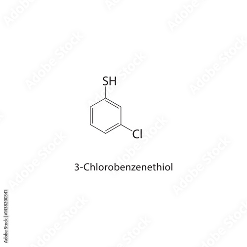 3-Chlorobenzenethiol skeletal structure. Aromatic Thiol compound schematic illustration. Simple diagram, chemical formula.