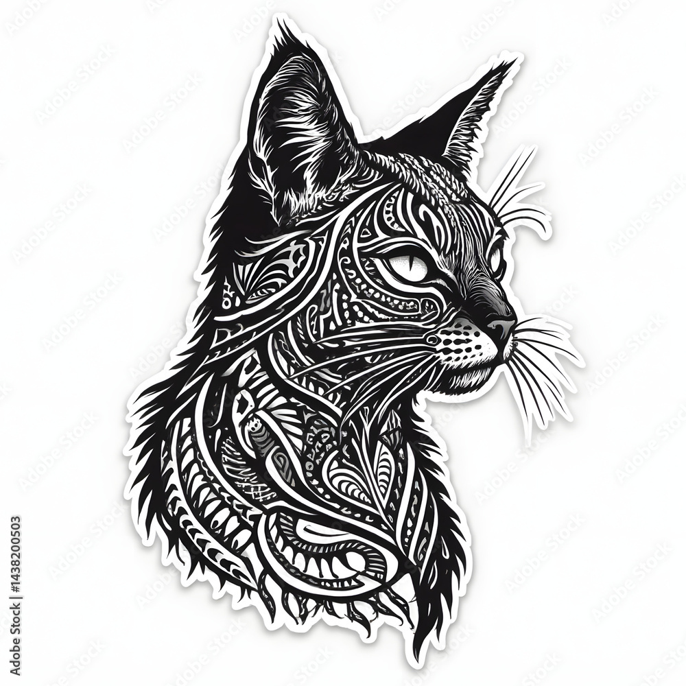 Obraz premium Intricate black and white illustration of a cat with abstract patterns