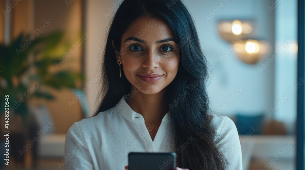Fototapeta premium This is a studio portrait of a woman holding a smartphone. She appears confident and professional, suggesting a business or corporate context. The image captures her from the chest up against a