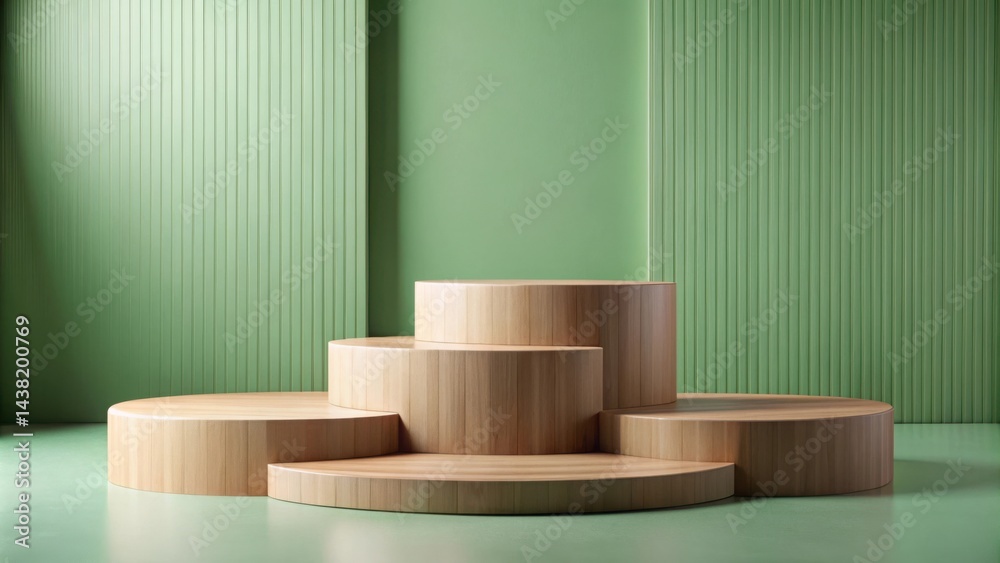Wooden Platform Display on Green Background with Vertical Panels Wooden Platform Display on Green Background with Vertical Panels