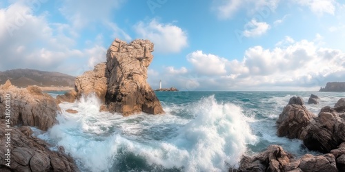 Waves crash against rocky cliffs coastal lighthouse hdr 360 degree hdri scenic view