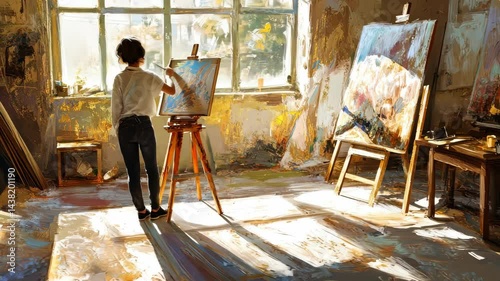 Wallpaper Mural Young artist painting in sunlit studio with brush strokes reflecting natural light Torontodigital.ca