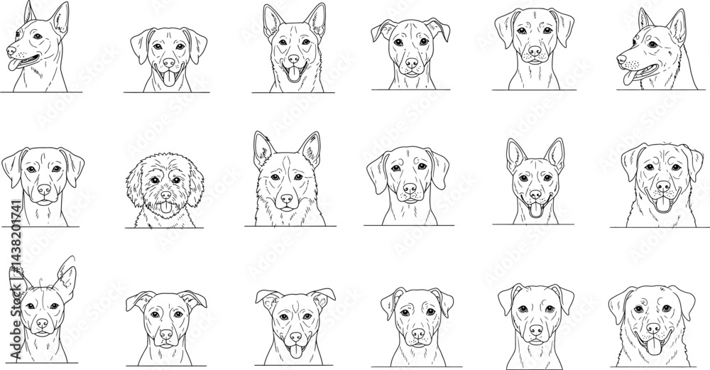 Hand Drawn Dog Face Line Art Collection |Cute Puppy Portrait Sketch  ,Minimalist Dog Head Illustrations .