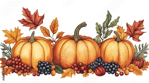 Fall clipart with autumn leaves, pumpkins, and harvest elements for seasonal greetings, Thanksgiving, and cozy themes.