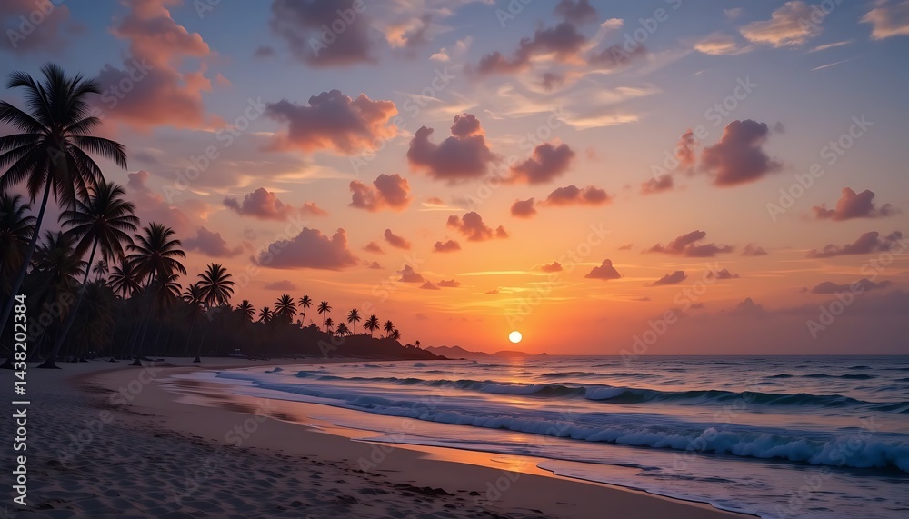 Obraz premium Tropical Beach Sunset: Palm Trees Silhouetted Against Fiery Sky