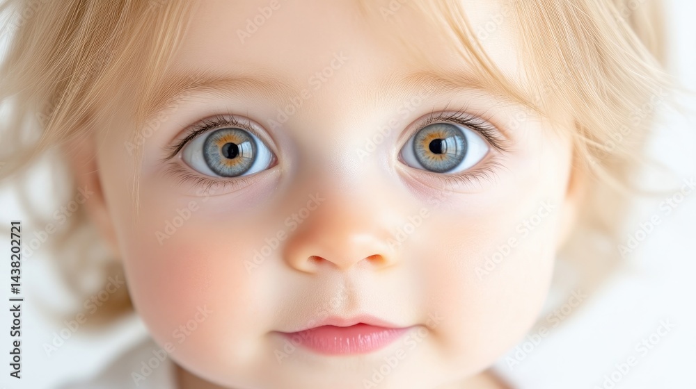Close-up of a toddler's face, expressing curiosity. A baby girl with light blonde hair and striking blue-gray eyes gazes directly at the viewer with a soft smile. Her soft, Close-up of a toddler's face, expressing curiosity. A baby girl with light blonde hair and striking blue-gray eyes gazes directly at the viewer with a soft smile. Her soft,