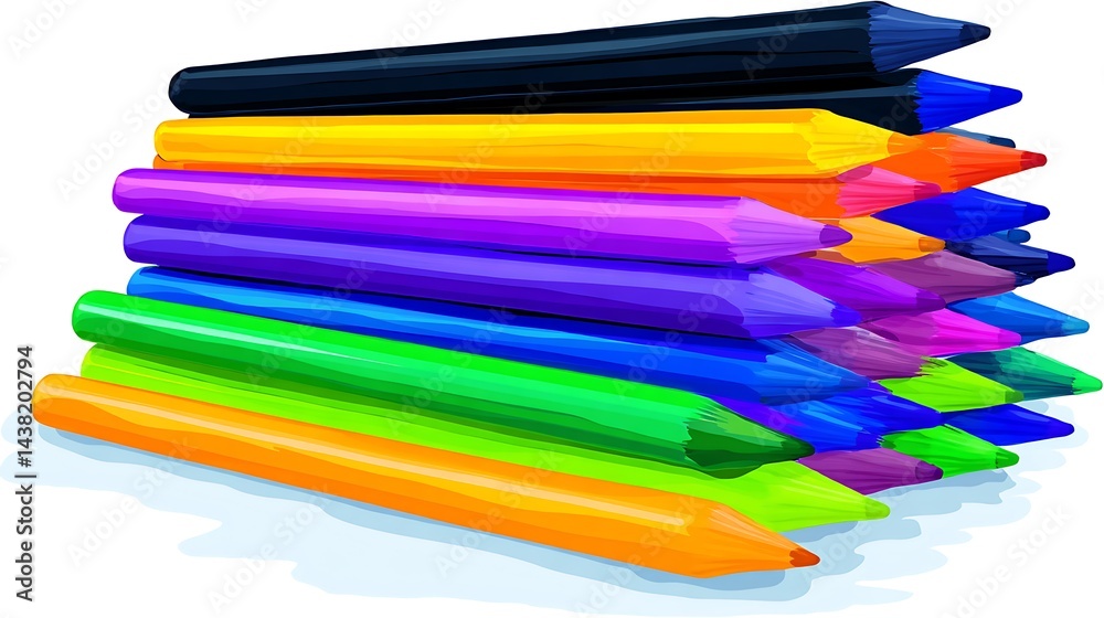 Stack of colorful pencils with sharpened tips and varying hues on white background Stack of colorful pencils with sharpened tips and varying hues on white background