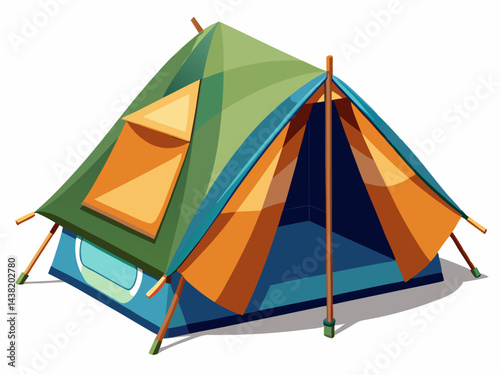 A high-quality vector illustration of a modern camping tent with open flaps and stakes, isolated on a white background