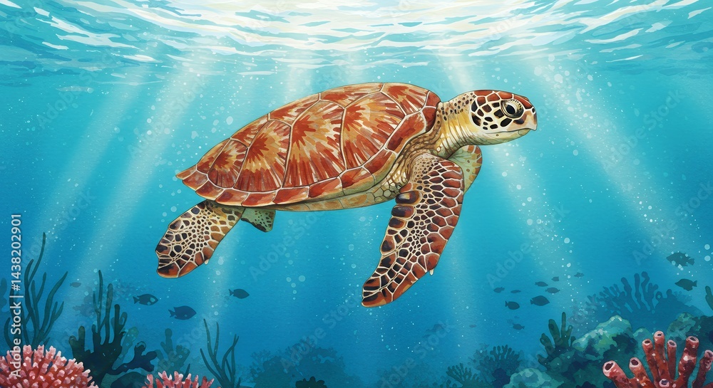 Obraz premium Majestic Sea Turtle Gracefully Swimming in Sunlit Coral Reef