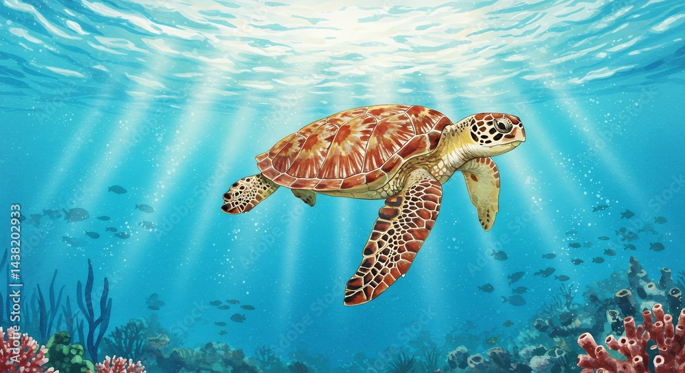 Fototapeta premium Majestic Sea Turtle Gracefully Swimming in Sunlit Ocean Depths