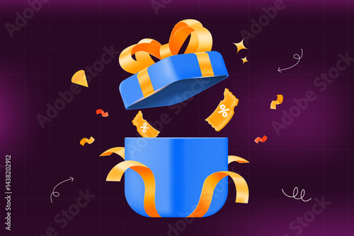 3d vector illustration Festive gift box with discount coupons and ribbons, promotions, holiday sales, online shopping deals, and special offers marketing